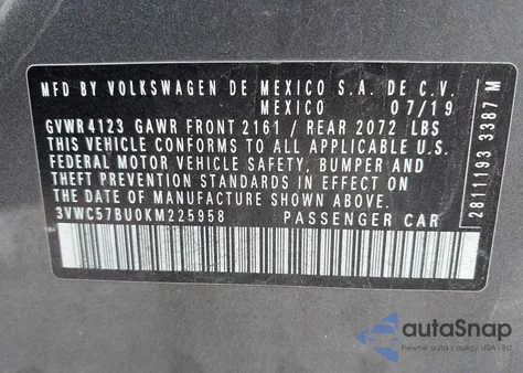 2019 Volkswagen Jetta 1.4T R-Line/1.4T S/1.4T Se from USA, damaged, VIN 3VWC57BU0KM225958